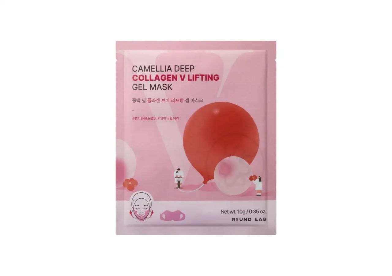 Гідрогелева ліфтинг-маска для контуру обличчя ROUND LAB Camellia Deep Collagen V Lifting Gel Mask